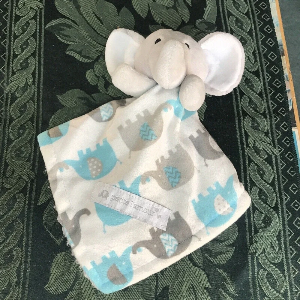 Elephant Petite L'Amour Gray Blue Luxe Plush Sherpa Baby Lovey Security Blanket